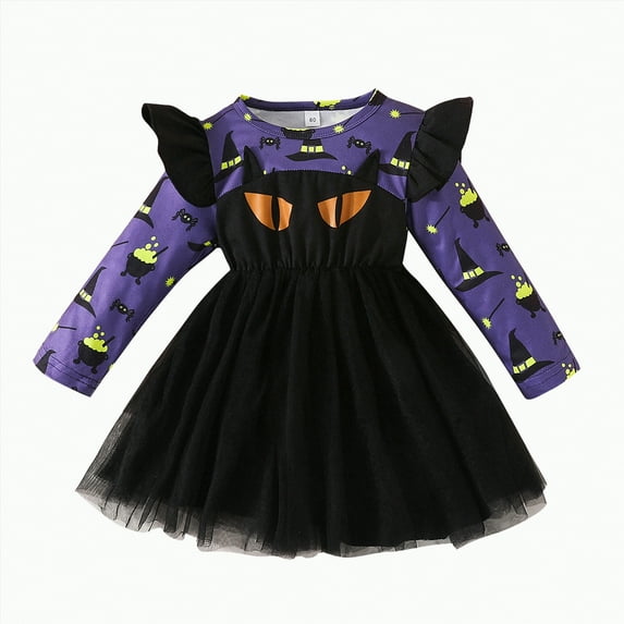 mgoYE Little Toddler Girls Halloween Cat Dress Outfits - Toddler Girl Pumpkin Dresses for Kids 12M-5T(Purple,12-18 Months)
