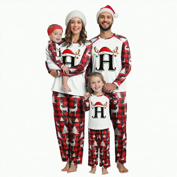 mgoYE Matching Christmas Pajamas for Family Family Christmas Pajamas Matching Sets Initials 26 Letter Prints Plaid Xmas Pjs Family Soft Loungewear Sets