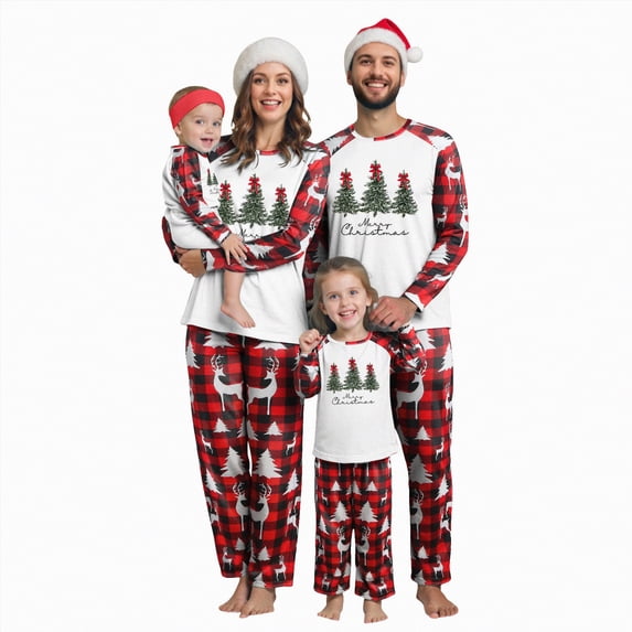 mgoYE Matching Christmas Pajamas for Family , Christmas Tree Letter Print Holiday PJs Sleepwear Loungewear for Men/Women/Kids/Baby(Red,9-12 Months)