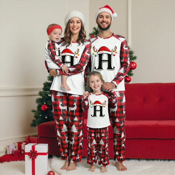 mgoYE Matching Family Christmas Pajamas Christmas Pajamas Matching Sets for Family Initials 26 Letters Graphic Xmas Pjs Funny Family Soft Loungewear