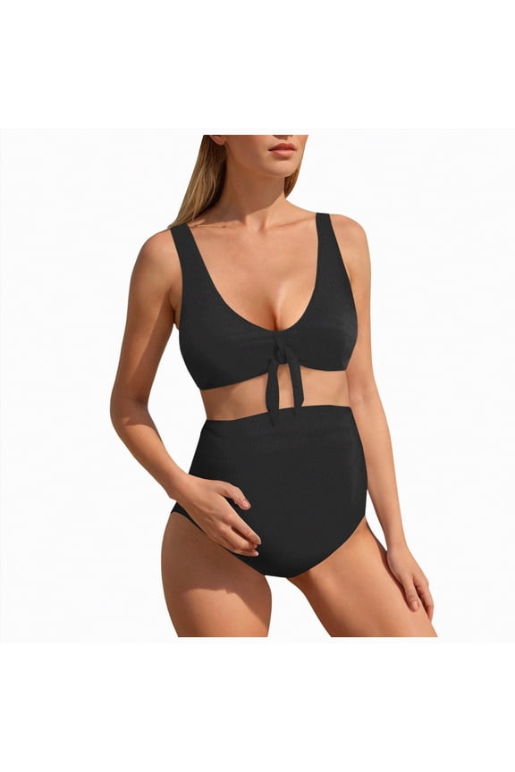 Maternity Ribbed Two-Piece Swimsuit Front Knot Crop Top Bikini High Waisted Pregnancy Bathing Suit(Black,M)