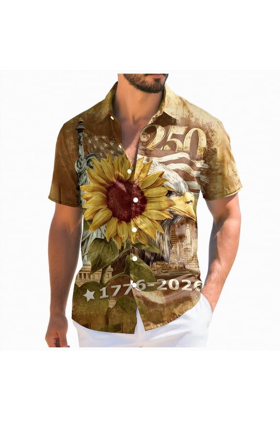 Men American Flag Button Shirt 4th of July T-Shirt Patriotic Short Sleeve Tee USA Flag Stripe Star Summer Blouse Tops 250th Anniversary Gifts USA T-Shirt(Yellow,5XL)