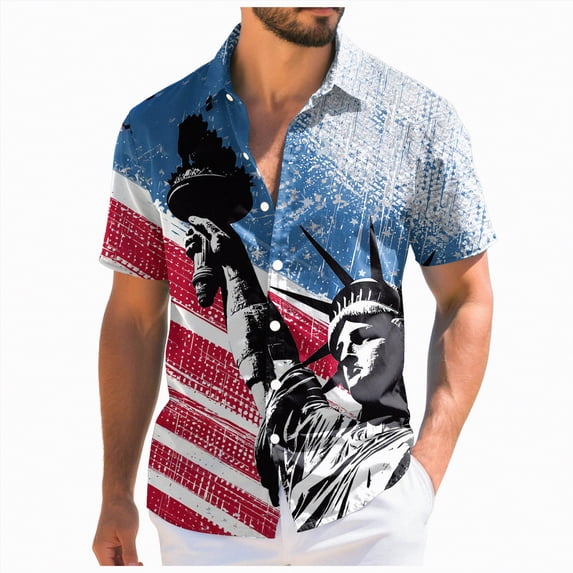 mgoYE Men American Flag Button Shirt Short Sleeve USA 4th of July Flag Tops Loose Patriotic Novelty Button T-Shirts 250th Anniversary Gifts for Men(Blue,XL)