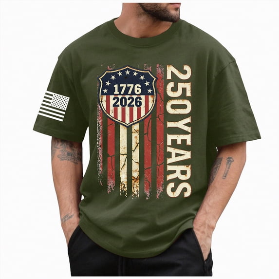 mgoYE Men T-Shirts Graphic Tees Mens 250 Years of Freedom 1776 2026 American Flag 4 July Vintage O-Neck T-Shirt(AG,M)