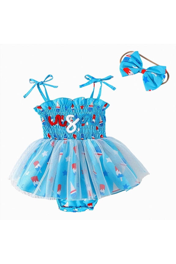 My First 4th Fourth Of July Baby Girl Outfits Toddler Usa Bubble Romper American Flag Dress Red White Blue Outfit(Blue,3M)