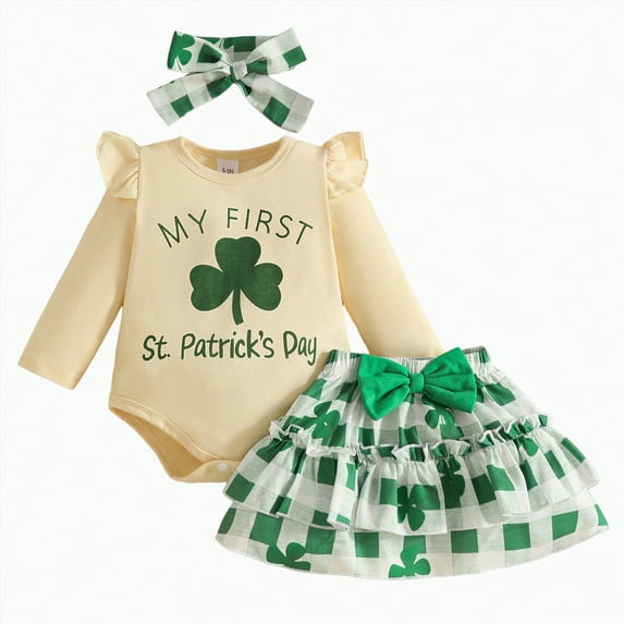 mgoYE My First St Patricks Day Baby Girl Outfit Clover Romper Plaid Skirt Newborn Girls Shamrock Clothes 3PCS Set(White,0-3 Months)