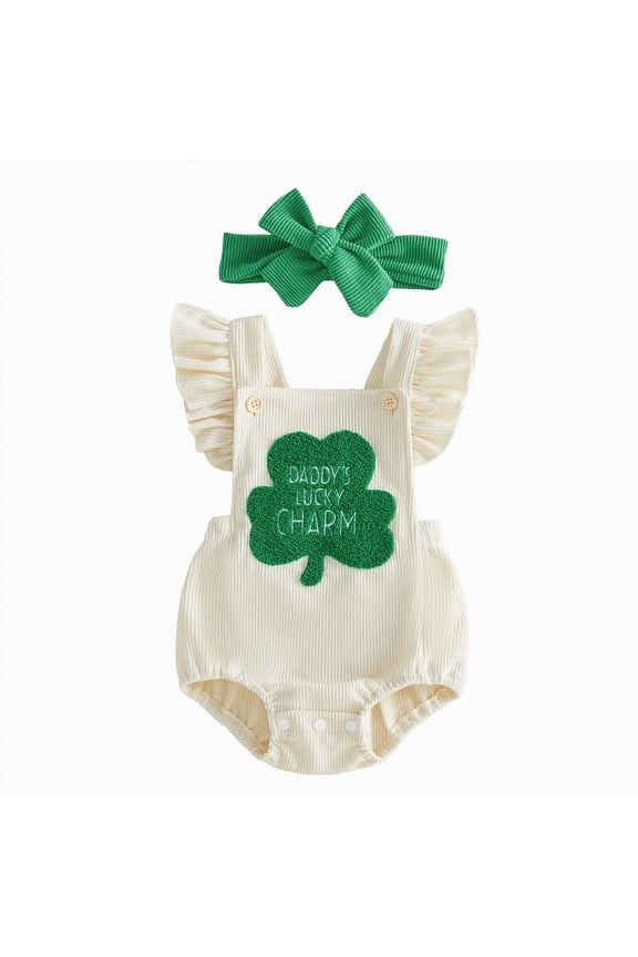 My First St Patricks Day Baby Girl Outfit Newborn Summer Ruffle Romper Corduroy Sleeveless Jumpsuit Cute Summer Clothes(White,0-3 Months)