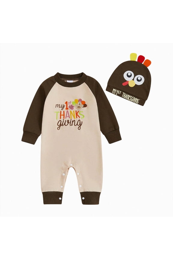 My First Thanksgiving Baby Boy Girl Outfit Little Turkey Jumpsuit Romper Onesie Newborn Thanksgiving Clothes with Hat(Beige,0-3 Months)
