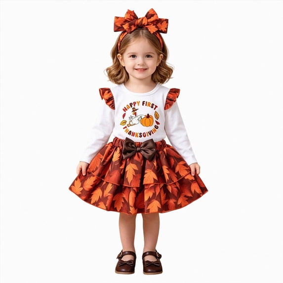 mgoYE My First Thanksgiving Baby Girl Outfit Newborn Turkey Romper Bow Tulle Skirt Fall Winter 2Pcs Skirts Outfits(Orange,4-5 Years)