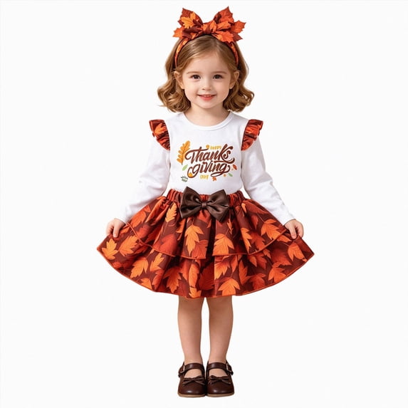 mgoYE My First Thanksgiving Baby Girl Outfit Newborn Turkey Romper Bow Tulle Skirt Fall Winter 2Pcs Skirts Outfits(White,4-5 Years)