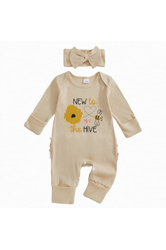 New to the Hive Newborn Outfit Bee Long Sleeve Romper Jumpsuit Coming Home Newborn Girl Outfits Clothes Fall Winter(Beige,Newborn)