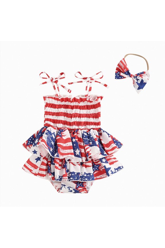 Newborn 4th of July Outfit 0 3 6 9 12 18 24 Month Girls Sleeveless Striped Stars Print Romper Tutu Bodysuit with Headband Size 6-12 Months