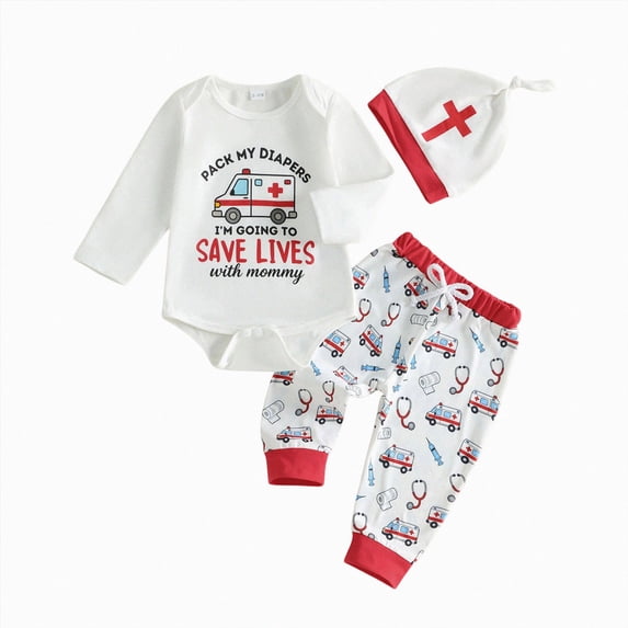 mgoYE Newborn Baby Boy Clothes Long Sleeve Romper Pants Hat Set Ambulance Print Fall Winter 3PC Clothes for Baby Boys