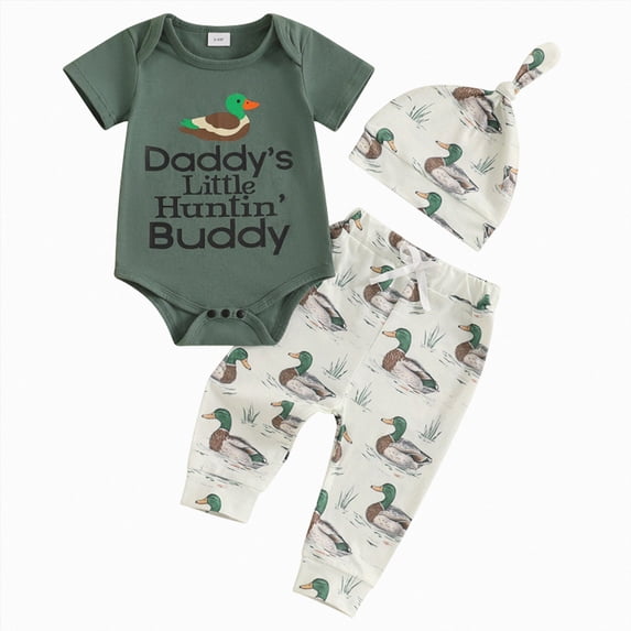 mgoYE Newborn Baby Boy Clothes Short Sleeve Romper Shirt Tops Pants Hat Summer Spring Outfits Set(Dark Green,0-3 Months)