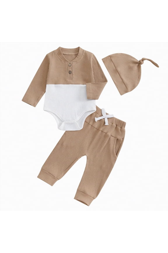 Newborn Baby Boy Clothes Toddler Ribbed Knit Cotton Long Sleeve Romper Long Pant Preemie Color Block Outfits with Hat(Coffee,0-3 Months)