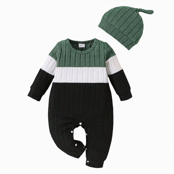 mgoYE Newborn Baby Boy Clothes Winter Outfit Essentials Preemie Clothes Boys Fall Winter Coming Home Outfi Ribbed Knitted Color Block Long Sleeve Rompers