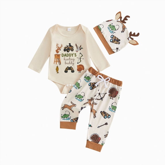 mgoYE Newborn Baby Boy Fall Clothes Long Sleeve Romper Pants Set Daddy's Hunting Buddy Romper Pant Hat Set