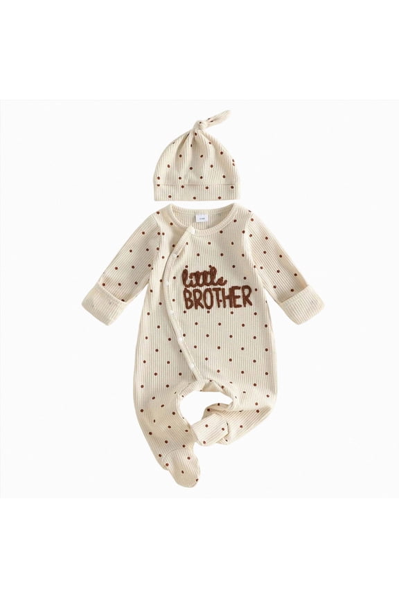 Newborn Baby Boy Fall Outfit Romper Little Brother Lil Bro Long Sleeve Jumpsuit Bodysuit Cute Infant Waffle Clothes(Beige,3-6 Months)