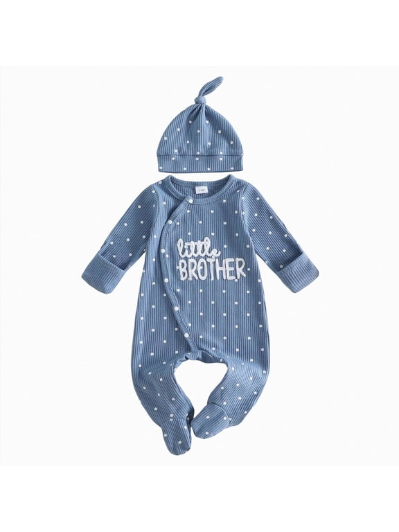 Newborn Baby Boy Fall Outfit Romper Little Brother Lil Bro Long Sleeve Jumpsuit Bodysuit Cute Infant Waffle Clothes(Blue,0-3 Months)