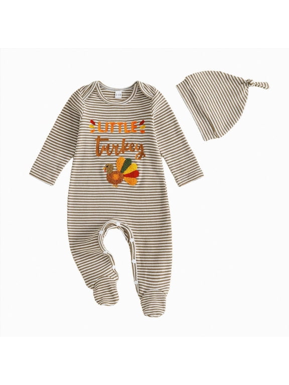 Newborn Baby Boy First Thanksgiving Romper Jumpsuit Outfit Little Turkey Bodysuit with Hat for Infant Boy 6-9 Months