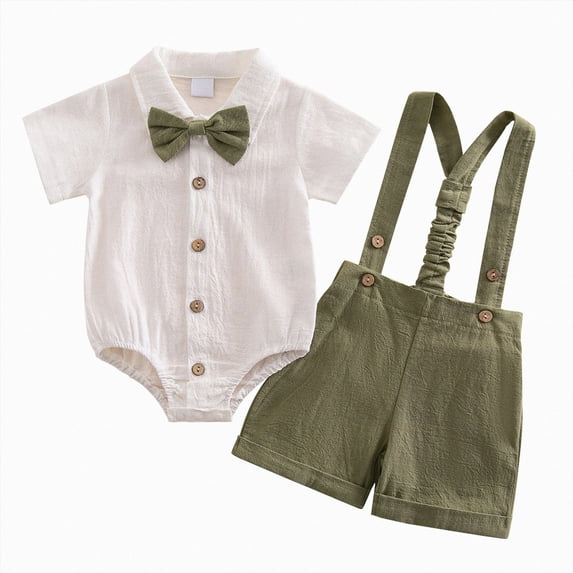 mgoYE Newborn Baby Boy Gentleman Outfit Suit Short Sleeve Romper Suspender Shorts Summer Clothes Set, Wedding/Birthday Outfit(AG,0-3 Months)