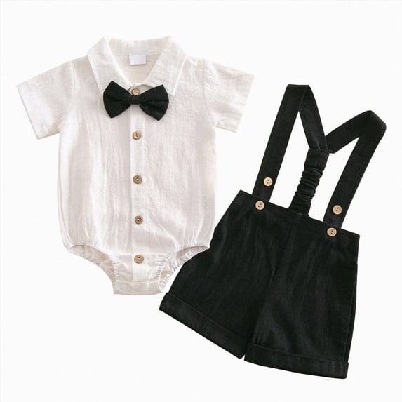 mgoYE Newborn Baby Boy Gentleman Outfit Suit Short Sleeve Romper Suspender Shorts Summer Clothes Set, Wedding/Birthday Outfit(Black,12-18 Months)