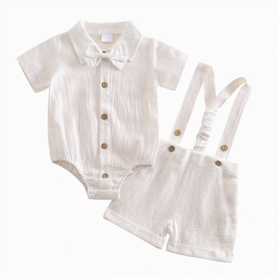 mgoYE Newborn Baby Boy Gentleman Outfit Suit Short Sleeve Romper Suspender Shorts Summer Clothes Set, Wedding/Birthday Outfit(White,3-6 Months)