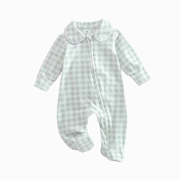 mgoYE Newborn Baby Boy Girl Gingham Footed Romper Peter Pan Collar Infant Long Sleeve Zipper Jumpsuit Coming Home Outfit(Light Green,Newborn)