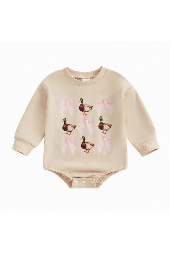 Newborn Baby Boy Girl Hunting Clothes Duck Bow Sweatshirt Romper Long Sleeve Bubble Romper Bodysuit Outfit(Beige,0-3 Months)