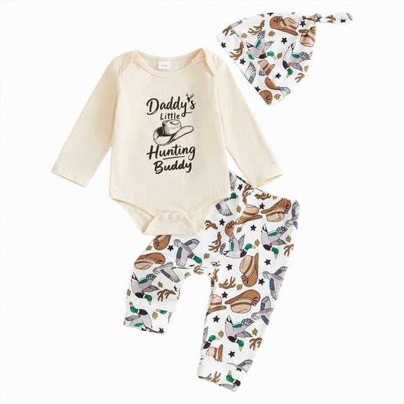 mgoYE Newborn Baby Boy Hunting Clothes Long Sleeve Romper Camouflage Pant Set Beanie Hat 3 Piece Outfit(Beige,6-12 Months)