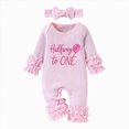 thumbnail image 1 of mgoYE Newborn Baby Girl Birthday Outfit Halfway to One Jumpsuit Long Sleeve Ruffle Knit Romper with Headband(Pink,3-6 Months), 1 of 5