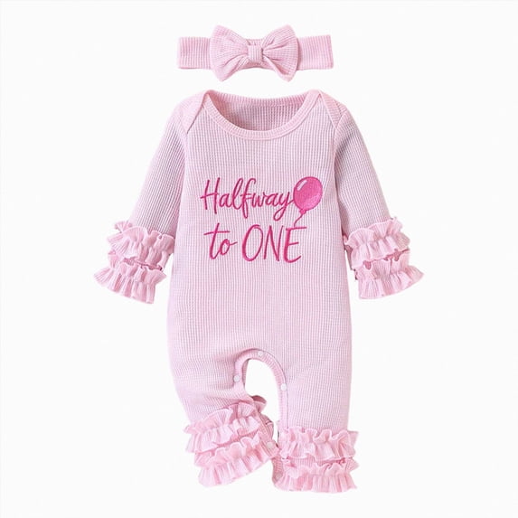 mgoYE Newborn Baby Girl Birthday Outfit Halfway to One Jumpsuit Long Sleeve Ruffle Knit Romper with Headband(Pink,3-6 Months)