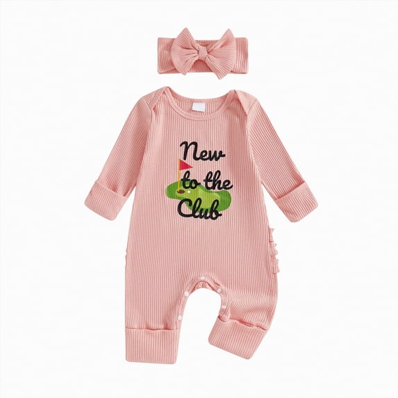 mgoYE Newborn Baby Girl Boy Fall Outfit Romper Football Golf Court Embroidery Long Sleeve Jumpsuit Bodysuit Cute Infant Clothes with Headband(Pink,0-3 Months)