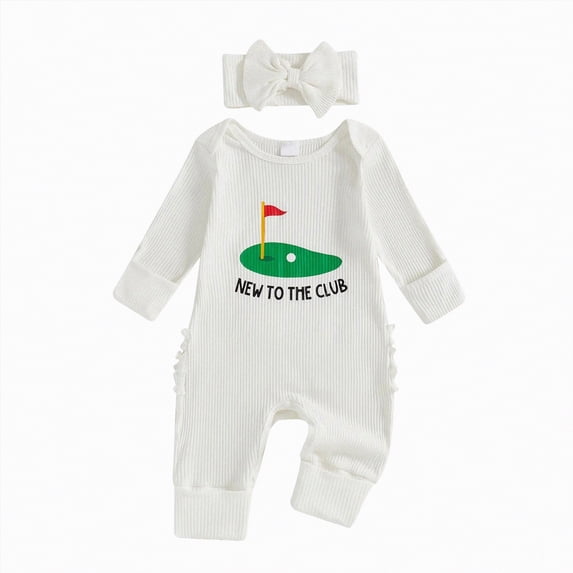 mgoYE Newborn Baby Girl Boy Fall Outfit Romper Football Golf Court Embroidery Long Sleeve Jumpsuit Bodysuit Cute Infant Clothes with Headband(White,0-3 Months)