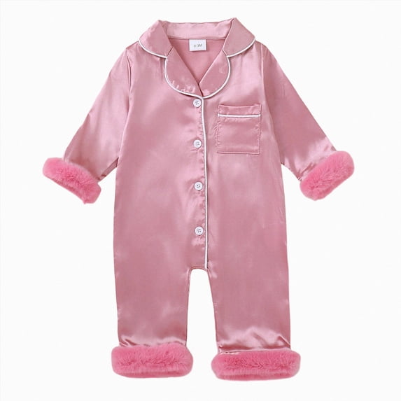 mgoYE Newborn Baby Girl Boy Silk Pajamas 3 6 12 18 24 Month Long Sleeve Button Satin Infant Pjs One Piece Jumpsuit Loungewear(Pink,6-12 Months)