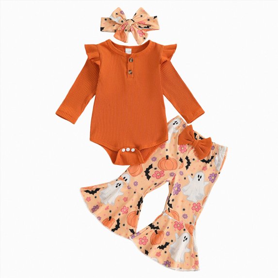 mgoYE Newborn Baby Girl Clothes 3pcs Fall Winter Outfits Rib Frill Long Sleeve Romper Daisy Flared Pants Headband Set