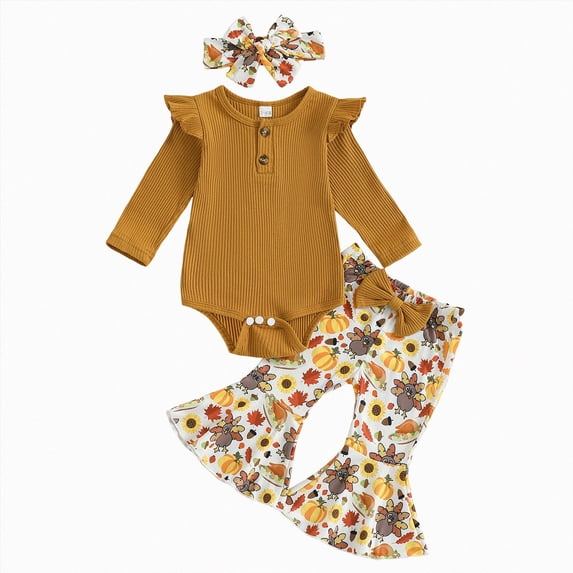 mgoYE Newborn Baby Girl Clothes 3pcs Fall Winter Outfits Rib Frill Long Sleeve Romper Daisy Flared Pants Headband Set