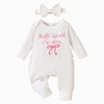 thumbnail image 1 of mgoYE Newborn Baby Girl Coming Home Outfit Hello World I'm Here Jumpsuit Long Sleeve Ruffle Knit Romper with Headband(White,3-6 Months), 1 of 9