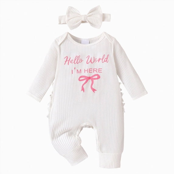 mgoYE Newborn Baby Girl Coming Home Outfit Hello World I'm Here Jumpsuit Long Sleeve Ruffle Knit Romper with Headband(White,3-6 Months)