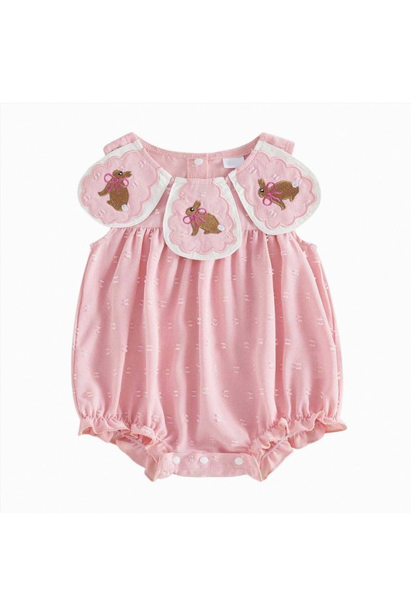 Newborn Baby Girl Easter Outfit Bunny Bow Embroidery Collar Sleeveless Bubble Romper Bodysuit Jumpsuit Clothes Size 0-3 Months Red