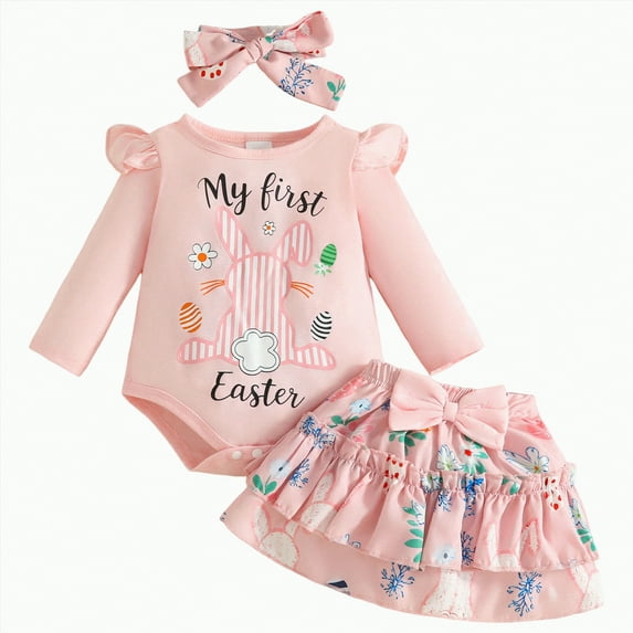 mgoYE Newborn Baby Girl Easter Outfit Bunny Long Sleeve Romper Tutu Bloomers Skirt Set Cute Infant Girl Spring Clothes(Red,12-18 Months)