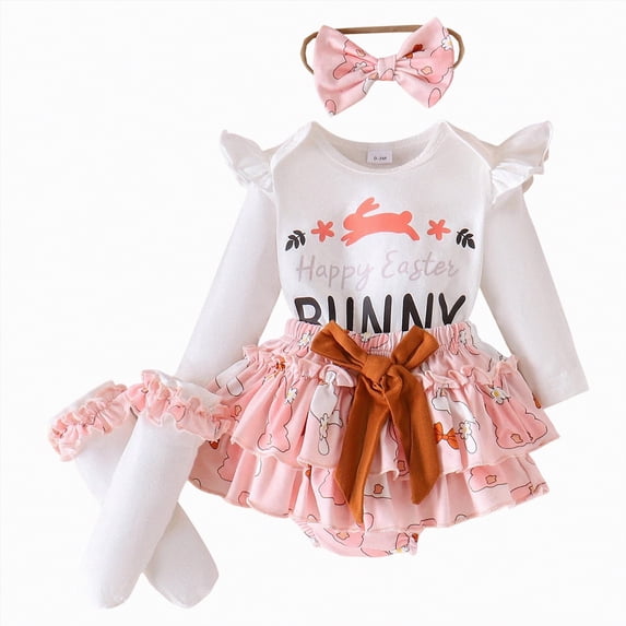 mgoYE Newborn Baby Girl Easter Outfit Bunny Long Sleeve Romper Tutu Bloomers Skirt Set Cute Infant Girl Spring Clothes(White,3-6 Months)