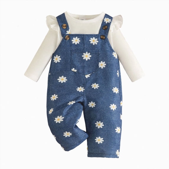 mgoYE Newborn Baby Girl Fall Outfits 6 9 12 18 24M Long Sleeve Top Suspender Overalls Pants Sets Infant 2Pcs Clothes
