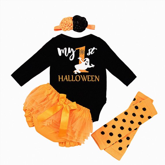 mgoYE Newborn Baby Girl Halloween Outfit Ruffle Romper+Bloomers Tutu Skirt+Headband 3Pcs First Halloween Set Size 3-6 Months