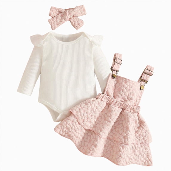 mgoYE Newborn Baby Girl Outfits Corduroy Overall Dress Fall Winter Clothes Ruffle Long Sleeve Ribbed Romper + Suspender Skirt Set(Pink,3-6 Months)