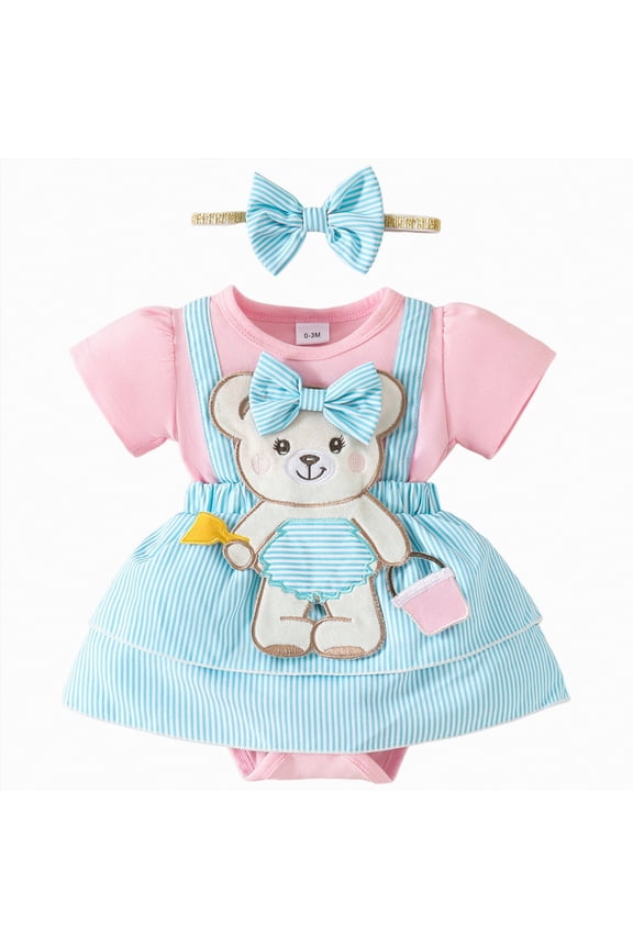 Newborn Baby Girl Romper Dress Short Sleeve Cute Bear Embroidery Bodysuit Dress Headband Infant Summer Clothes(Pink,12-18 Months)