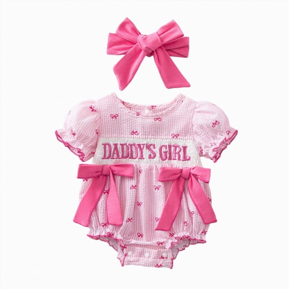 mgoYE Newborn Baby Girl Romper Mamas/Daddys Girl Bow Plaid Print Puff Sleeve Smocked Bubble Romper Jumpsuit Bodysuit Clothes(Light Pink,6-9 Months)