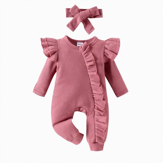mgoYE Newborn Baby Girl Ruffle Romper Knit Sweater Onesie Jumpsuit Long Sleeve Zipper Romper Solid Fall Winter Outfits(Light Purple,6-12 Months)