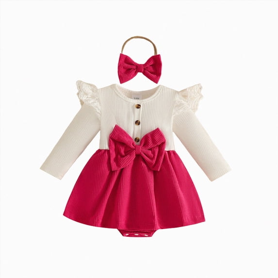mgoYE Newborn Baby Girl Spring Fall Outfits 3 6 9 12 18M Infant Ribbed Romper Dress Ruffle Long Sleeve Clothes Jumpsuit with Bow Headband(Hot Pink,9-12 Months)