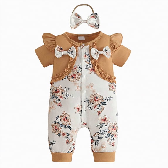 mgoYE Newborn Baby Girl Summer Clothes Floral Print Short Sleeve Bubble Romper Bow Shorts Jumpsuit Infant Outfit 0 3 6 9 12 18 Months(Coffee,6-9 Months)